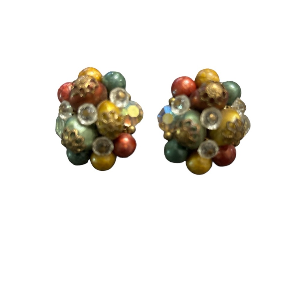 Estate Vintage Cluster AB Crystal & Earth Tone Plastic Bead Clip On Earrings